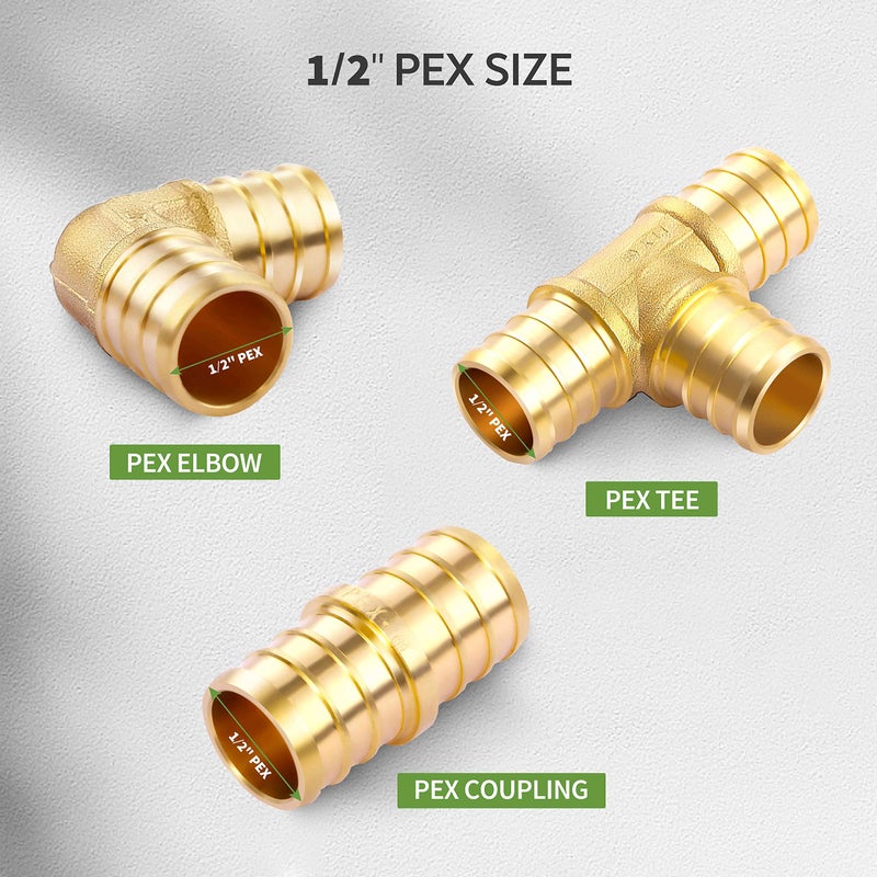 Litorange 1/2 inch T PEX Tee & 90 Degree Elbow & Straight Coupling 1/2" (pack of 12) Lead-Free Brass Barb Crimp Pipe Fitting/Fittings - Image 3